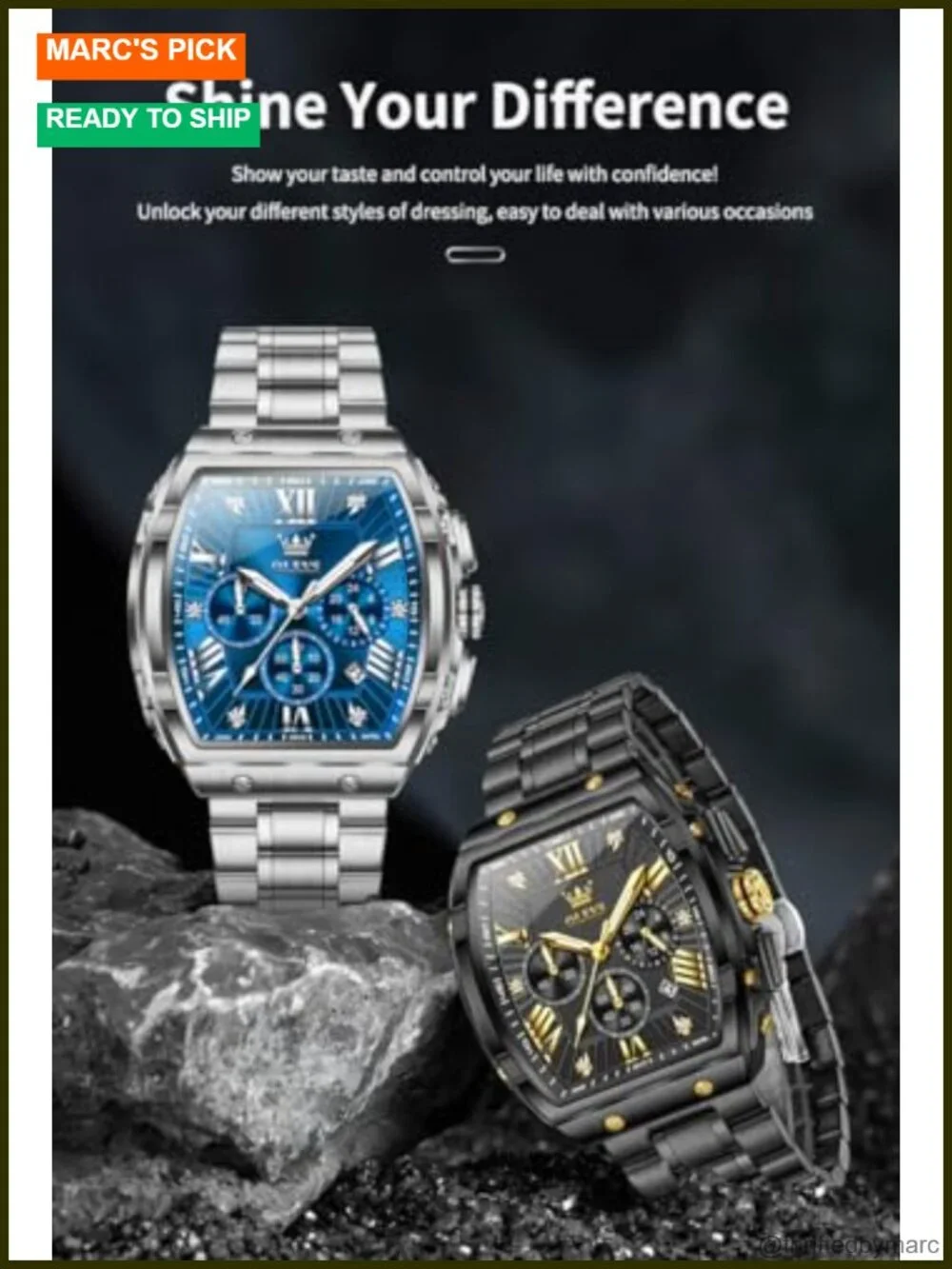 Analog Quartz Chronograph Square Dress Watch Stainless Steel or Leather Band